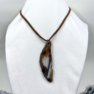 Robert Rose Brown Agate Pendant on 14” Leather Necklace
